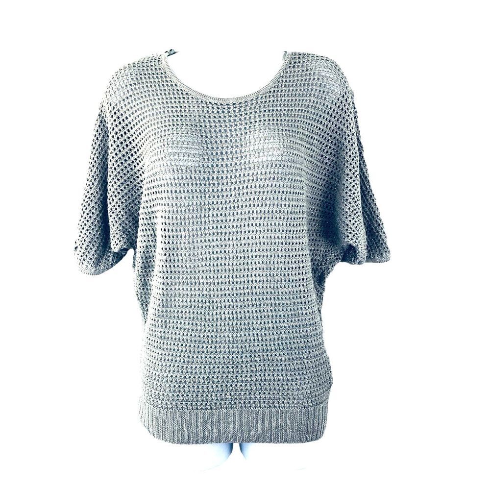 Elle Womens SZ S Open Weave Silver Grey Sparkle Short Dolman Sleeve Sweater Top‎